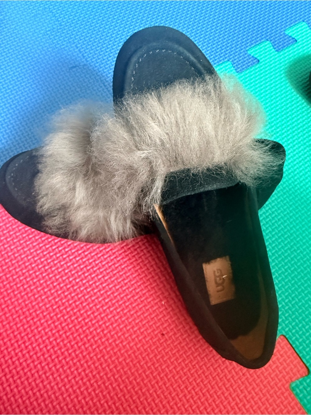 UGG Black Suede Mules with Gray Shearling